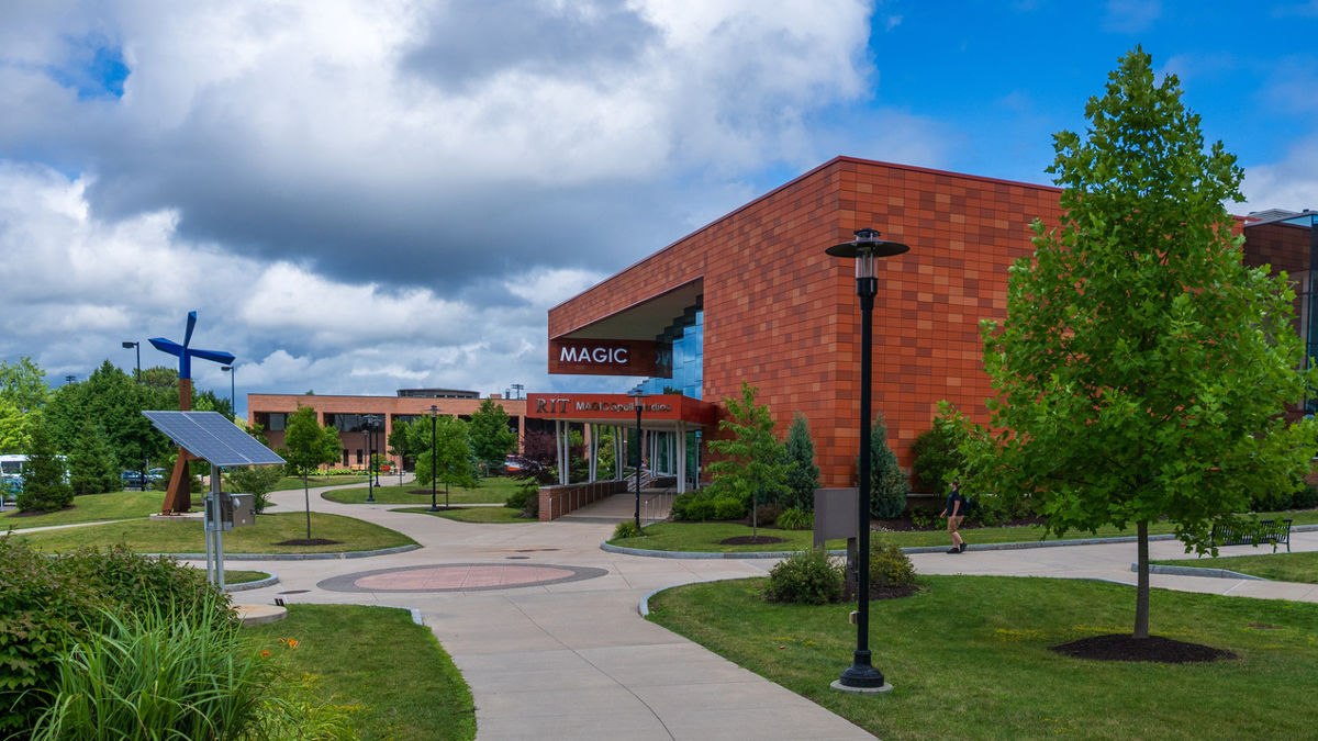 MAGIC spell studio panoramic shot sidewalks trees blue skies fluffy clouds