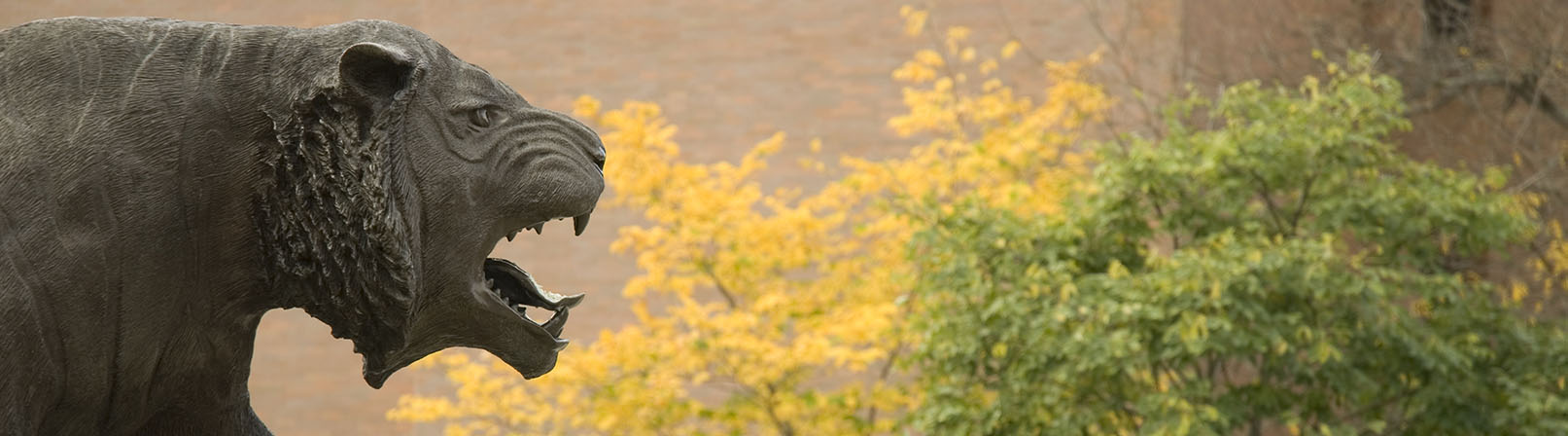 RIT Tiger statue with fall foliage in the background. RITCHIE, ROAR