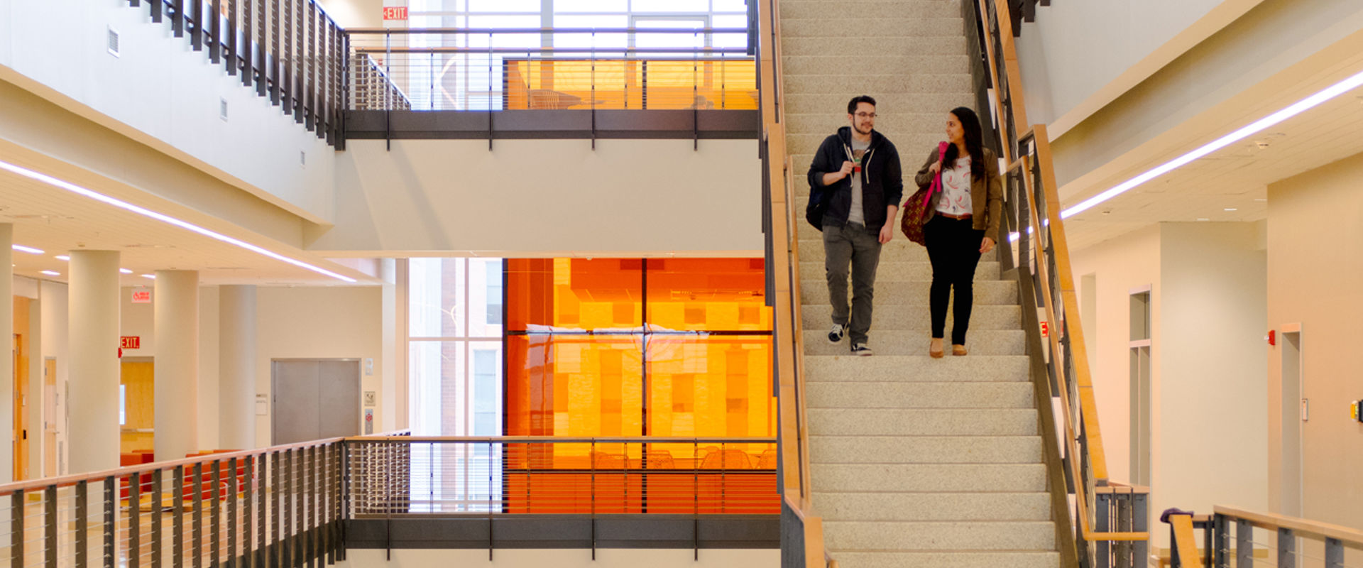 Two students walking down a staircase, engaged in conversation as they walk together.