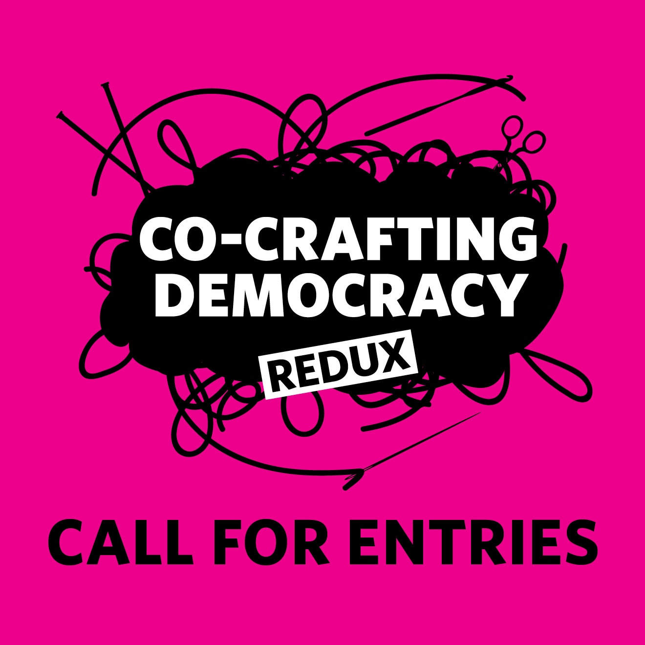 a graphic on a hot pink background 'Co-Crafting Democracy Redux'