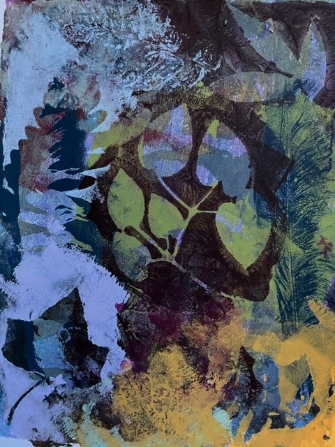 an artist print in bright blue   deep purple   green and gold with abstract organic overlayed shapes and actual leaf prints.