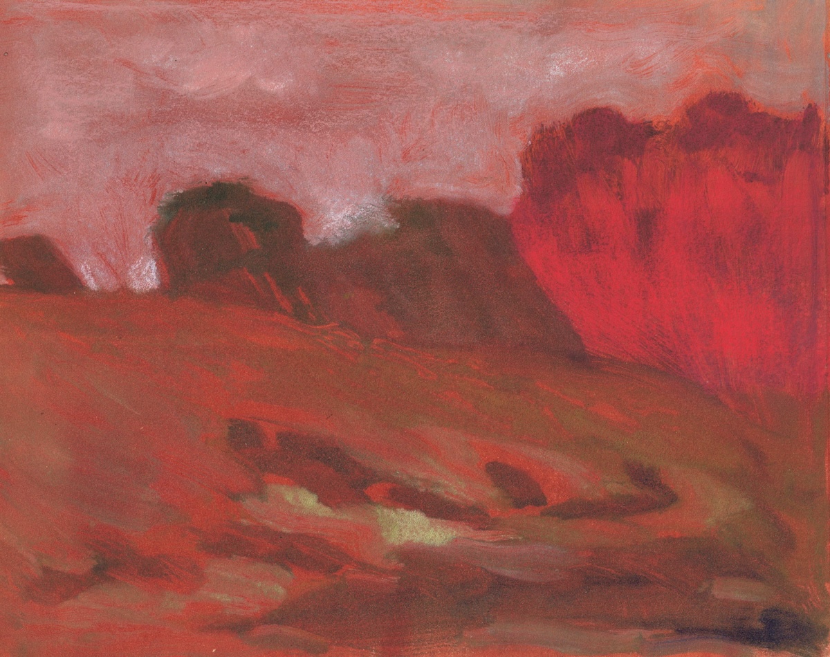 an artist print depicting a smudgy   abstract landscape in blends of red and brown.