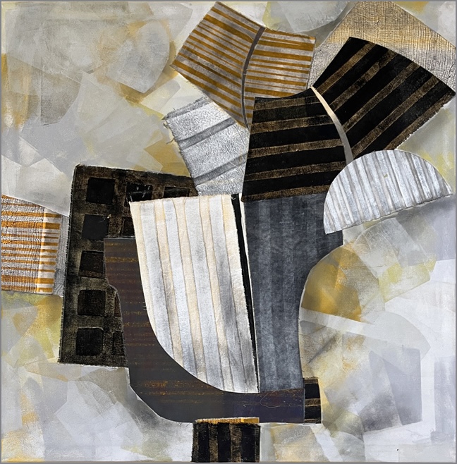 an artist print of abstracted graphic and curvilinear overlayed forms in ivory   beige   brown and charcoal grey.