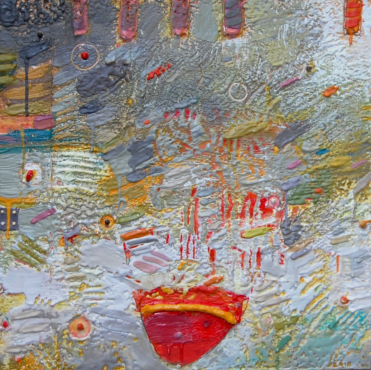 an abstract   textural painting with a painterly blending of grey   reds   blues and greens highlighted with scratched symbols and small squares and a prominent orange bowl shape at the bottom edge. 