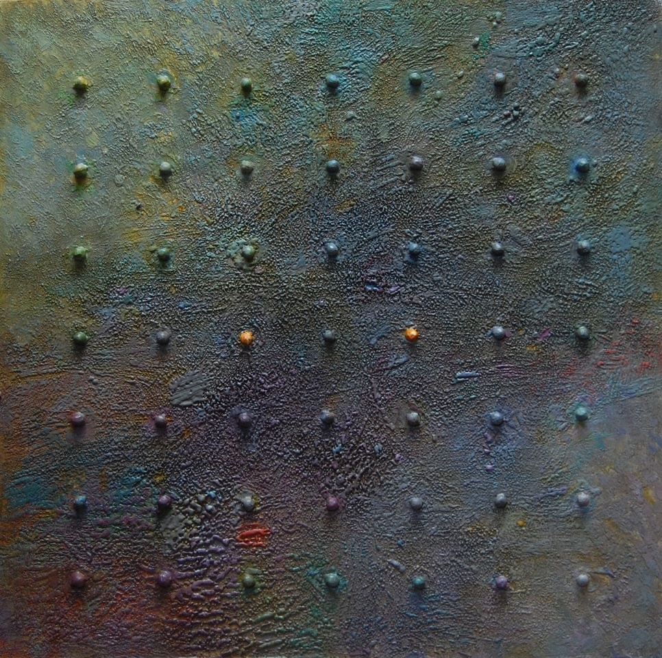 an abstract   textural painting with a dark   mysterious mottled green surface detailed with a grid of dimensional dots placed in a grid pattern - all the same color as the background except two in the center that are bright yellow.