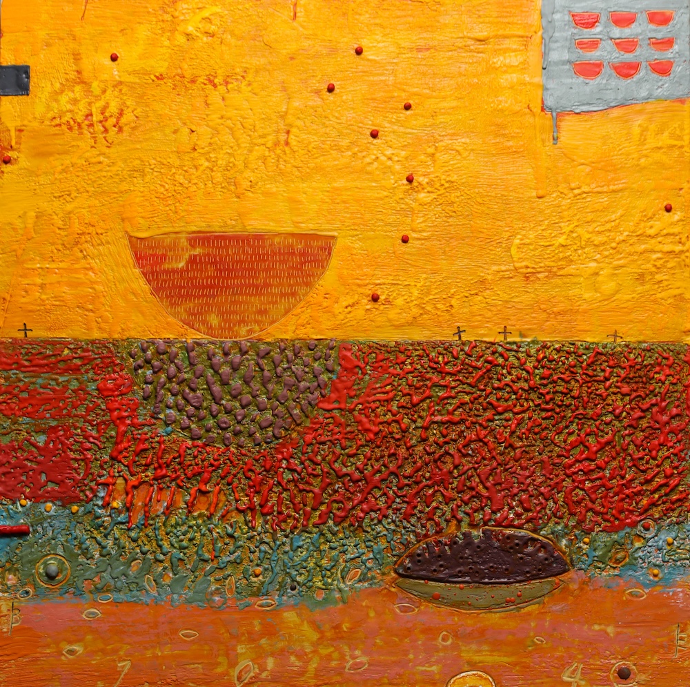 an abstract   textural painting with a midpoint horizon line with a bright yellow top accentuated with a red bowl shape and a dark red   green and orange bottom half.