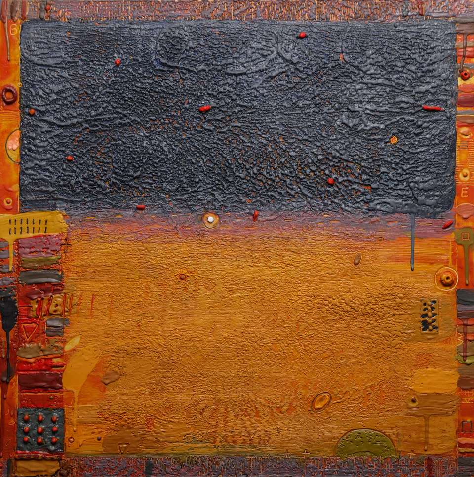 an abstract   textural painting with a midpoint horizon line with a navy blue top and orange bottom.