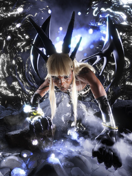 a color photograph of a person with horns   white hair and bangs in a fantasy world setting   climbing through a portal while wearing cat claw like gloves.