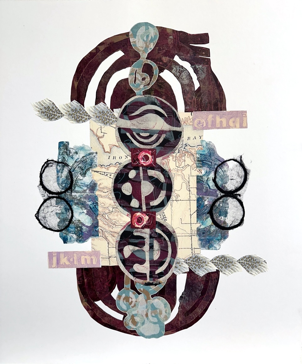 an abstract collage of shapes with central rectangle with an arch form above and below suggesting a shield.