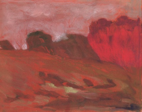 an artist print depicting a smudgy, abstract landscape in blends of red and brown.