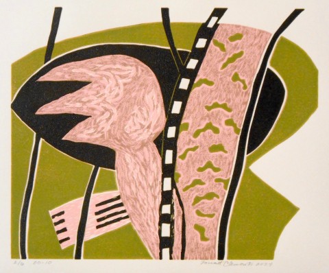 an artist print in subdued colors of cream, sage green, faded pink with an abstracted image of a claw like form over an oval.