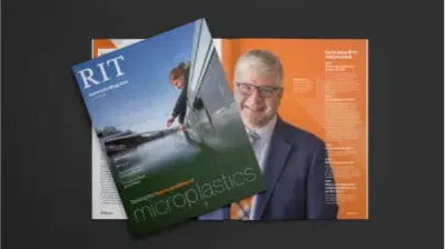the university magazine with the title microplastics with RIT president William H. Sanders behind it